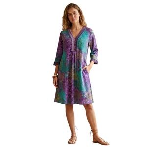 Expressions Womens Purple Teal Cotton Crinkle Boho Midi Dress Pockets Size L